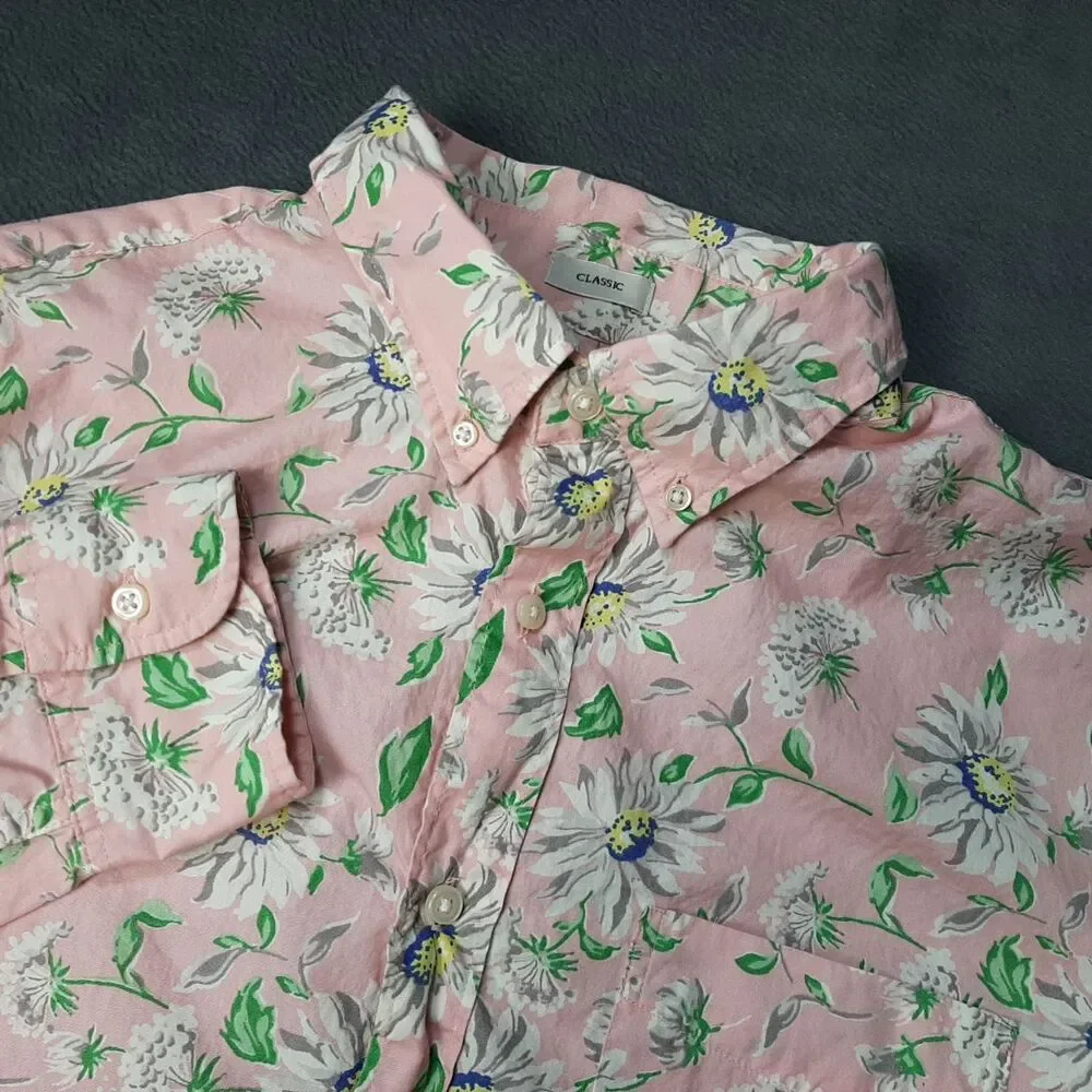 J Crew Shirt Mens Large Pink Secret Wash Floral Print Classic Button Down Pocket